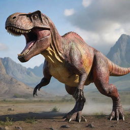 User transformed into a mighty Tyrannosaurus Rex, boasting a massive body, powerful jaws, and small arms, all portrayed with lifelike detail and vibrant colors against a prehistoric landscape.