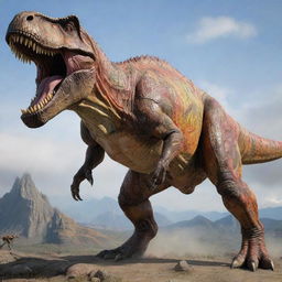 User transformed into a mighty Tyrannosaurus Rex, boasting a massive body, powerful jaws, and small arms, all portrayed with lifelike detail and vibrant colors against a prehistoric landscape.