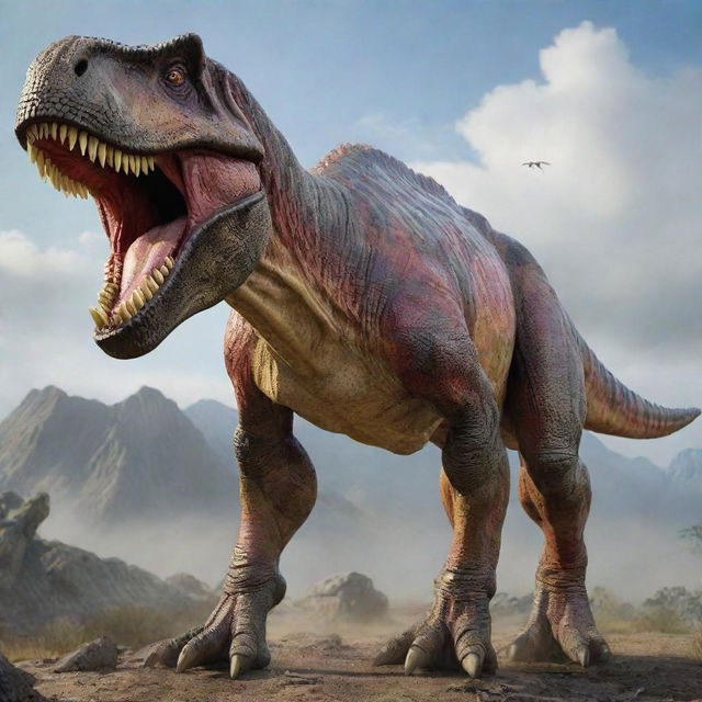 User transformed into a mighty Tyrannosaurus Rex, boasting a massive body, powerful jaws, and small arms, all portrayed with lifelike detail and vibrant colors against a prehistoric landscape.