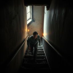 A man slowly descending the creaking stairs of an ancient, dilapidated building