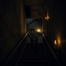 A man slowly descending the creaking stairs of an ancient, dilapidated building