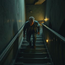 A man slowly descending the creaking stairs of an ancient, dilapidated building