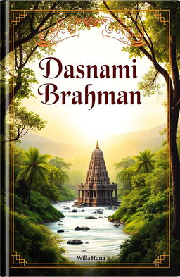 A captivating book cover for 'Dasnami Brahman', featuring a serene landscape with a majestic river flowing through lush greenery