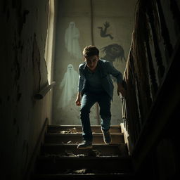 A young man carefully descending the worn, creaky stairs of an ancient, decrepit building, enveloped in a horror-themed atmosphere