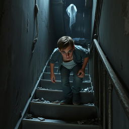 A young man carefully descending the worn, creaky stairs of an ancient, decrepit building, enveloped in a horror-themed atmosphere