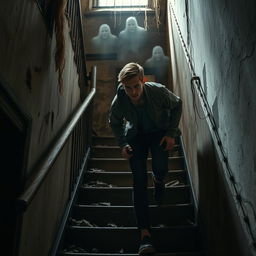 A young man carefully descending the worn, creaky stairs of an ancient, decrepit building, enveloped in a horror-themed atmosphere