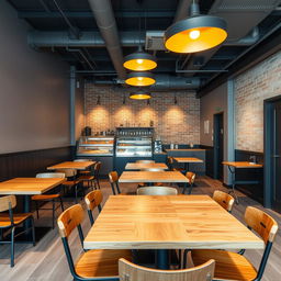 A cozy cafeteria designed in an industrial style, featuring wooden tables and chairs