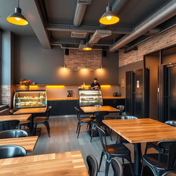 A cozy cafeteria designed in an industrial style, featuring wooden tables and chairs