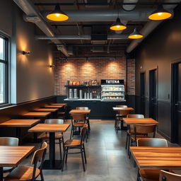 A cozy cafeteria designed in an industrial style, featuring wooden tables and chairs