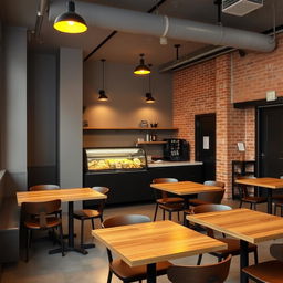 A cozy cafeteria designed in an industrial style, featuring wooden tables and chairs