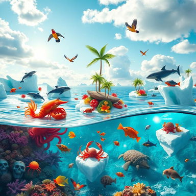 A surreal and whimsical tropical ocean scene set in the North Pole, featuring an array of colorful marine life including jellyfish, shrimp, lobsters, crabs, fish, octopuses, dolphins, and whales