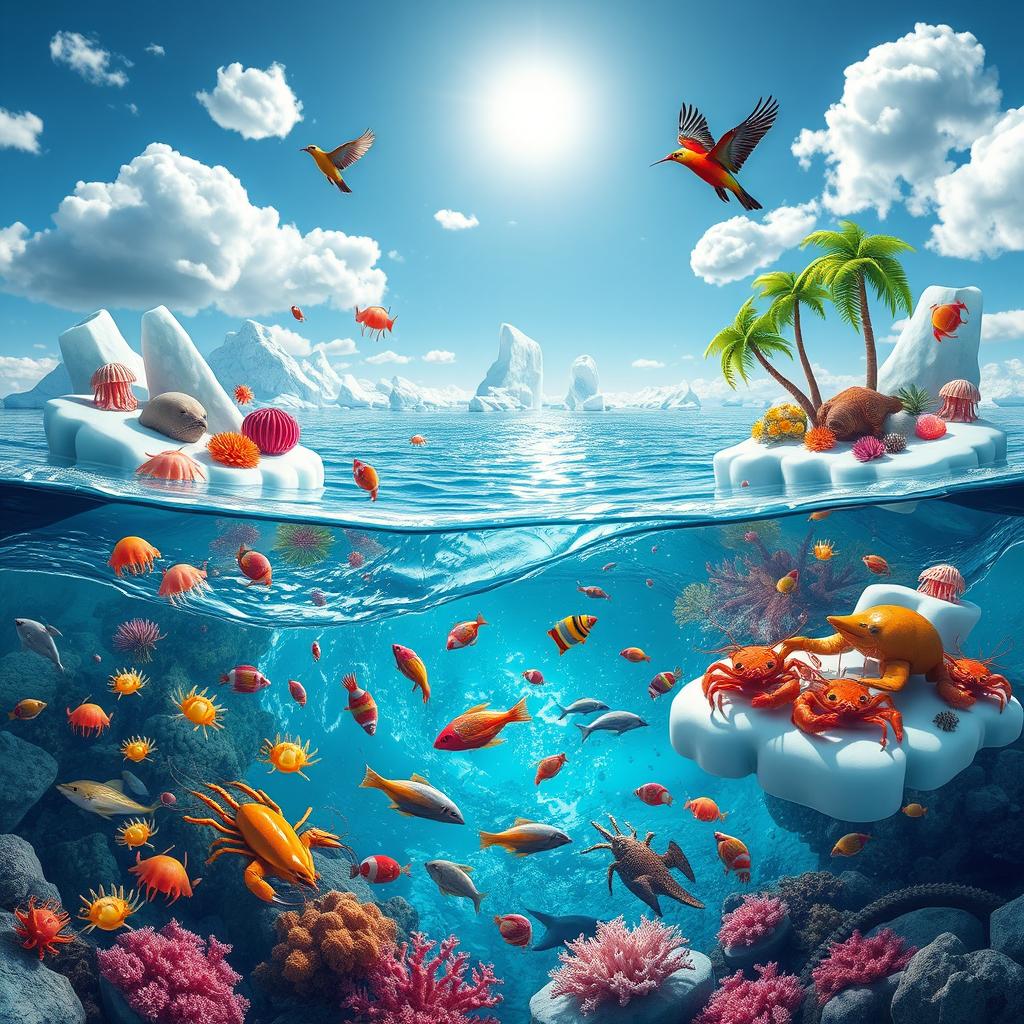 A surreal and whimsical tropical ocean scene set in the North Pole, featuring an array of colorful marine life including jellyfish, shrimp, lobsters, crabs, fish, octopuses, dolphins, and whales