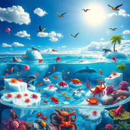 A surreal and whimsical tropical ocean scene set in the North Pole, featuring an array of colorful marine life including jellyfish, shrimp, lobsters, crabs, fish, octopuses, dolphins, and whales