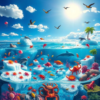 A surreal and whimsical tropical ocean scene set in the North Pole, featuring an array of colorful marine life including jellyfish, shrimp, lobsters, crabs, fish, octopuses, dolphins, and whales