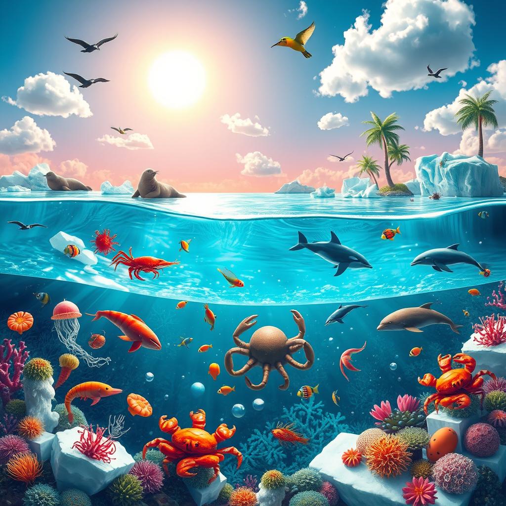 A surreal and whimsical tropical ocean scene set in the North Pole, featuring an array of colorful marine life including jellyfish, shrimp, lobsters, crabs, fish, octopuses, dolphins, and whales