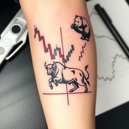 A tattoo design featuring a bullish market pivot point illustrated with candlestick charts