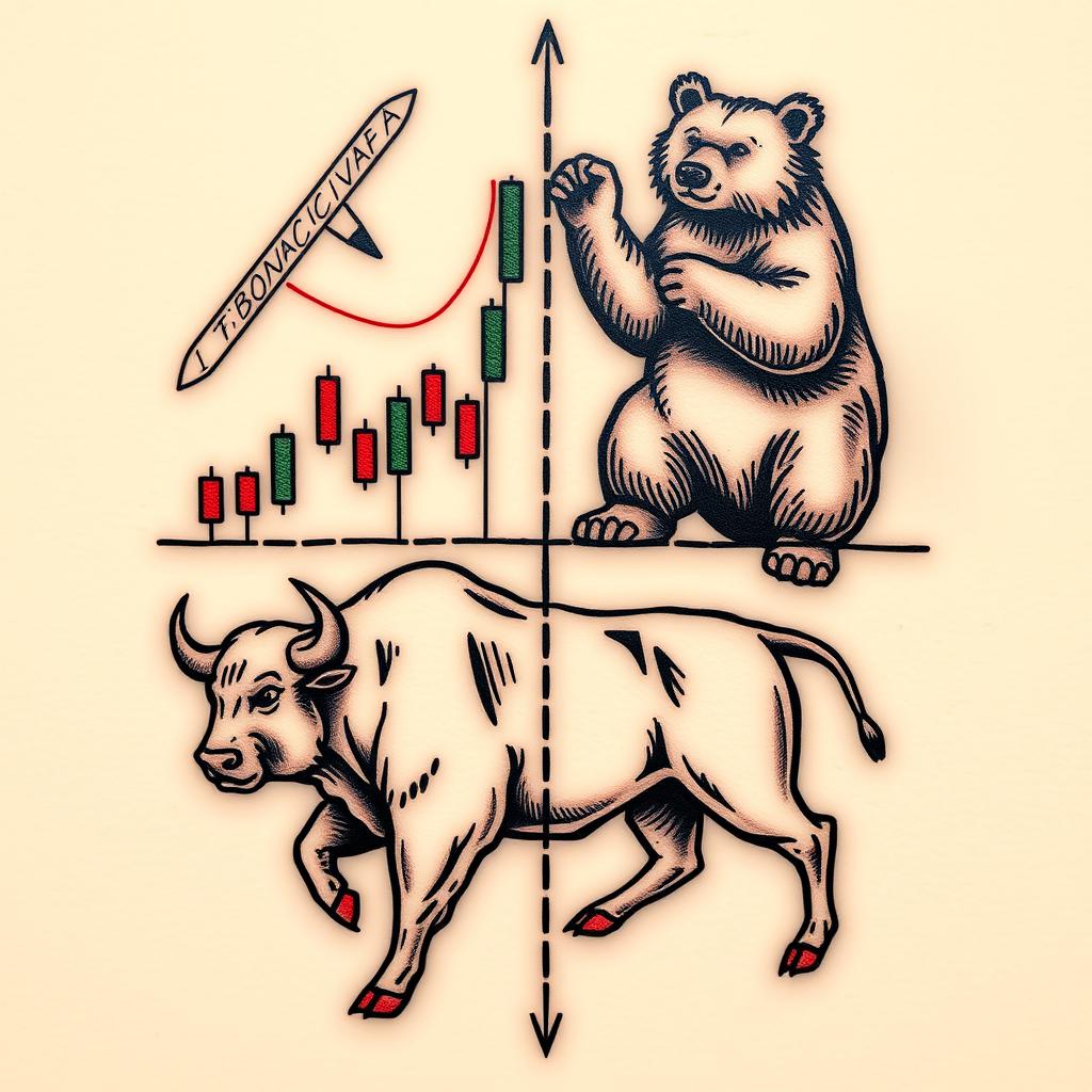 A tattoo design featuring a bullish market pivot point illustrated with candlestick charts