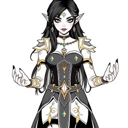 An illustration of a mystical elf and witch character with striking black hair and black nails