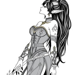 An illustration of a mystical elf and witch character with striking black hair and black nails