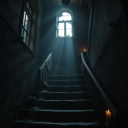 An atmospheric view of the stairs in an ancient, decrepit building, radiating a strong sense of horror