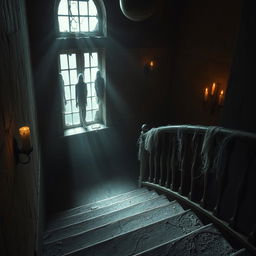 An atmospheric view of the stairs in an ancient, decrepit building, radiating a strong sense of horror