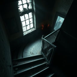 An atmospheric view of the stairs in an ancient, decrepit building, radiating a strong sense of horror