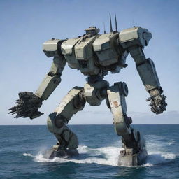 A unique marine mecha, melded with features of a rugged boat, including a ship's hull, navigation equipment, and propellers, standing ready for action against a coastal horizon.