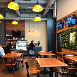 A cozy cafeteria with wooden tables and chairs, featuring an industrial style