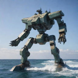 A unique marine mecha, melded with features of a rugged boat, including a ship's hull, navigation equipment, and propellers, standing ready for action against a coastal horizon.