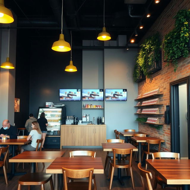 A cozy cafeteria with wooden tables and chairs, featuring an industrial style