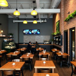 A cozy cafeteria with wooden tables and chairs, featuring an industrial style