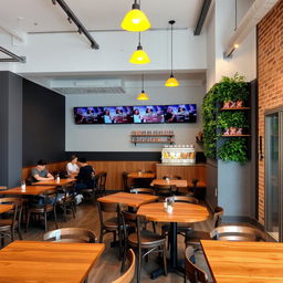 A cozy cafeteria with wooden tables and chairs, featuring an industrial style