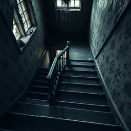 A chilling view of the staircase in an ancient, crumbling building, evoking a strong sense of horror