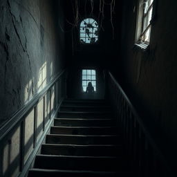 A chilling view of the staircase in an ancient, crumbling building, evoking a strong sense of horror