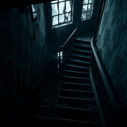 A chilling view of the staircase in an ancient, crumbling building, evoking a strong sense of horror