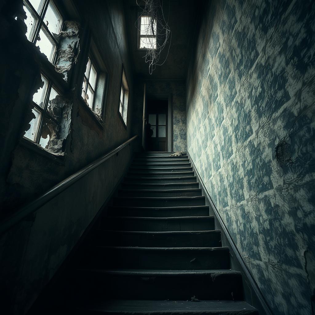 A chilling view of the staircase in an ancient, crumbling building, evoking a strong sense of horror