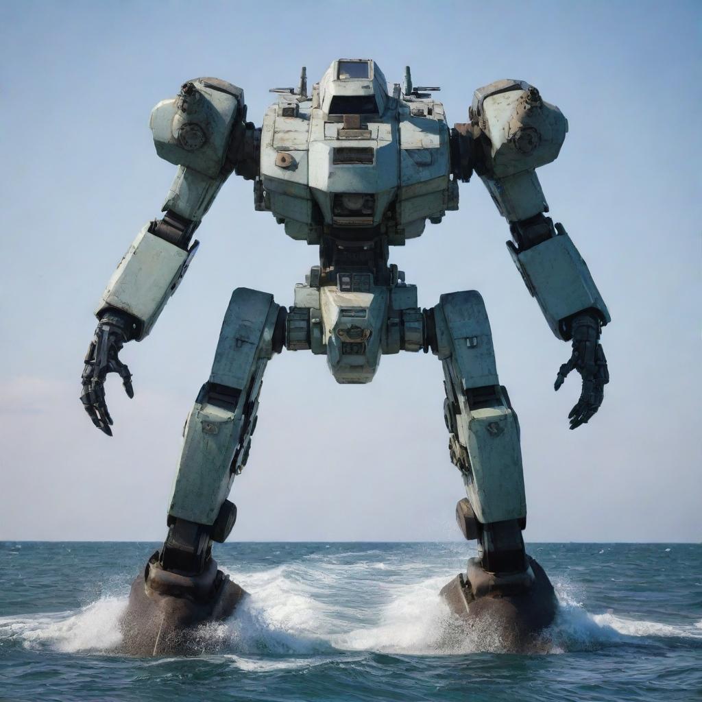 A unique marine mecha, melded with features of a rugged boat, including a ship's hull, navigation equipment, and propellers, standing ready for action against a coastal horizon.