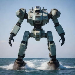 A unique marine mecha, melded with features of a rugged boat, including a ship's hull, navigation equipment, and propellers, standing ready for action against a coastal horizon.