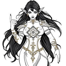 An elf witch with flowing black hair and striking black nails, showcasing a symmetrical diamond-shaped rune tattoo on her chest featuring curved loops at the top and crossed lines at the bottom