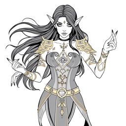 An elf witch with flowing black hair and striking black nails, showcasing a symmetrical diamond-shaped rune tattoo on her chest featuring curved loops at the top and crossed lines at the bottom