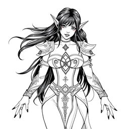 An elf witch with flowing black hair and striking black nails, showcasing a symmetrical diamond-shaped rune tattoo on her chest featuring curved loops at the top and crossed lines at the bottom