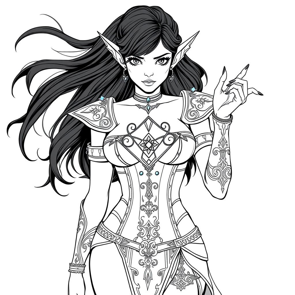 An elf witch with flowing black hair and striking black nails, showcasing a symmetrical diamond-shaped rune tattoo on her chest featuring curved loops at the top and crossed lines at the bottom