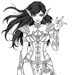 An elf witch with flowing black hair and striking black nails, showcasing a symmetrical diamond-shaped rune tattoo on her chest featuring curved loops at the top and crossed lines at the bottom