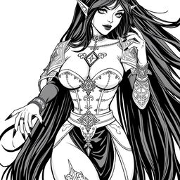 A striking elf witch character with long, flowing black hair and meticulously painted black nails