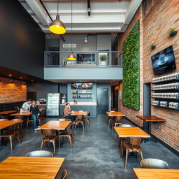 A cozy cafeteria with a mezzanine, featuring wooden tables and chairs