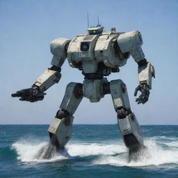 A unique marine mecha, melded with features of a rugged boat, including a ship's hull, navigation equipment, and propellers, standing ready for action against a coastal horizon.