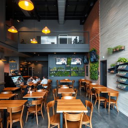 A cozy cafeteria with a mezzanine, featuring wooden tables and chairs