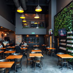 A cozy cafeteria with a mezzanine, featuring wooden tables and chairs