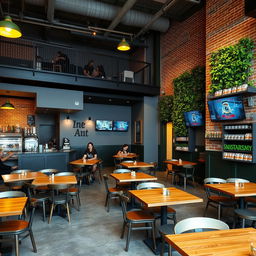 A cozy cafeteria with a mezzanine, featuring wooden tables and chairs