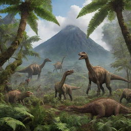 A lush prehistoric Jurassic landscape, filled with towering ferns, colossal trees, active volcanoes in the distance, and diverse dinosaurs roaming freely in their natural habitat.